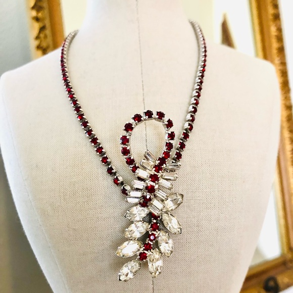 Vintage Deco Ruby Red Rhinestone Necklace Set - Picture 7 of 17